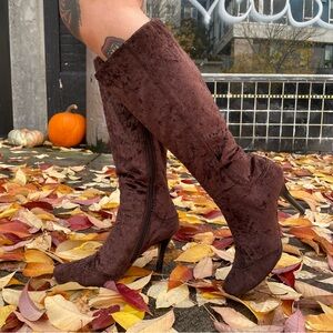 Vintage 90s Brown Velvet Knee High Boots